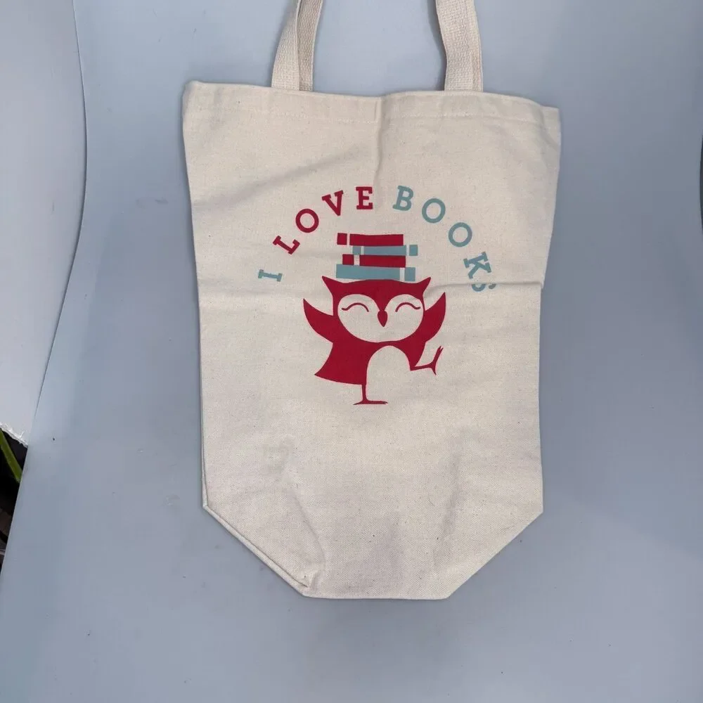 I Love Books Owl Tote Bag Red Owl Top Hat Tan Cotton Tapered Shopper 18x15 EUC-